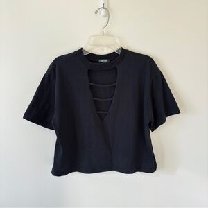 Black Cropped Cut-out Lattice Collar Boxy T-Shirt Top